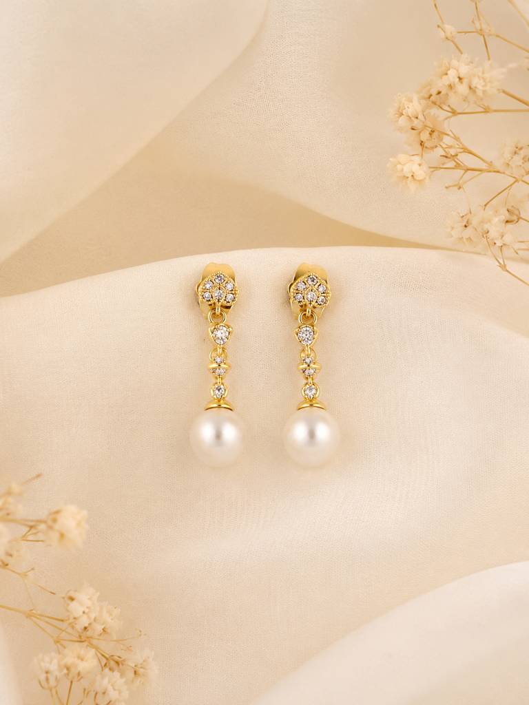 Pearl Drop Earrings With Cubic Zirconia In 18K Gold Plating : AN-VM-GO-0139-DE
