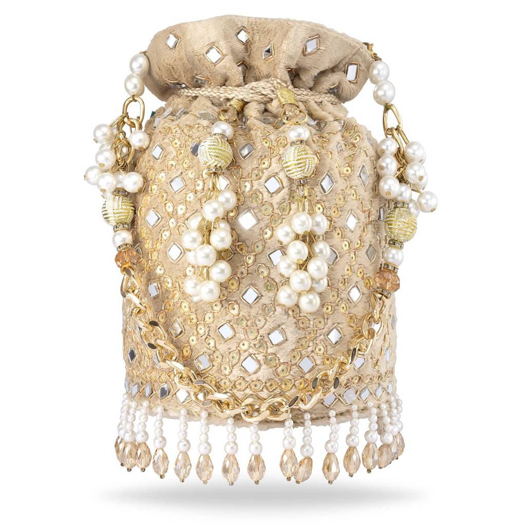 Cream Potli Purses For Women Handmade Evening Handbag Stylish Bridal Fashion Wristlet Bag For Girls (P168Crm) : P168CRM