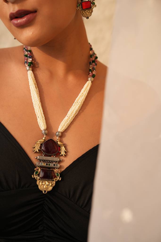 Avira Long Necklace Set With Maroon Gemstone And Peacock Pendant : 1018NKS25RM