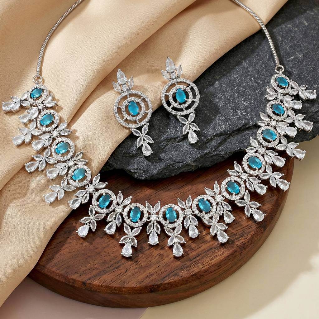 Silver-Tone American Diamond Necklace Set With Earrings For Women – Office, Party & Wedding Wear : 1717-K4SA-2242-F-S