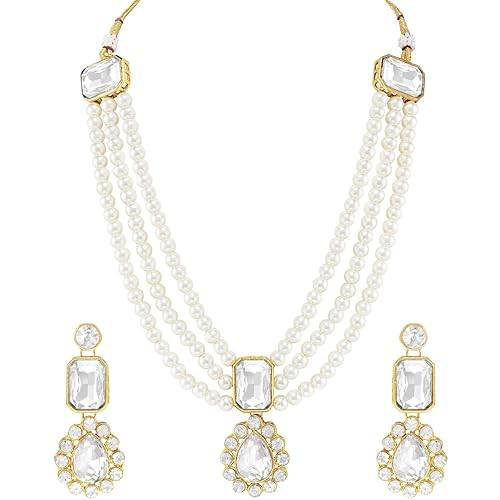 Gold Plated White Kundan Long Necklace Earring Indian Traditional Jewellery Set For Women Girl : PF24N31W