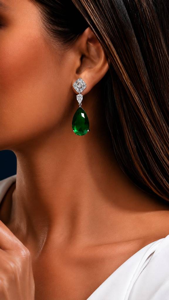 Anti Tarnish Green Emerald Drop Pendant Necklace Set With Earrings For Women | Emerald Green Cz Wedding, Party Wear : 500042_2