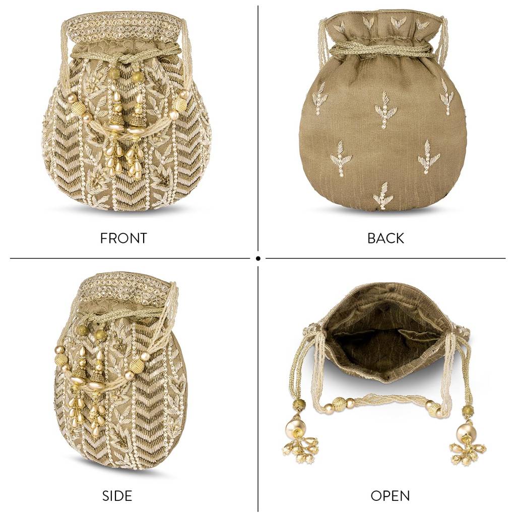 Potli Bag For Women Handmade Evening Wristlet Handbag Stylish Bridal Purse Fashion Bag For Girls (P128Crm) : P128G