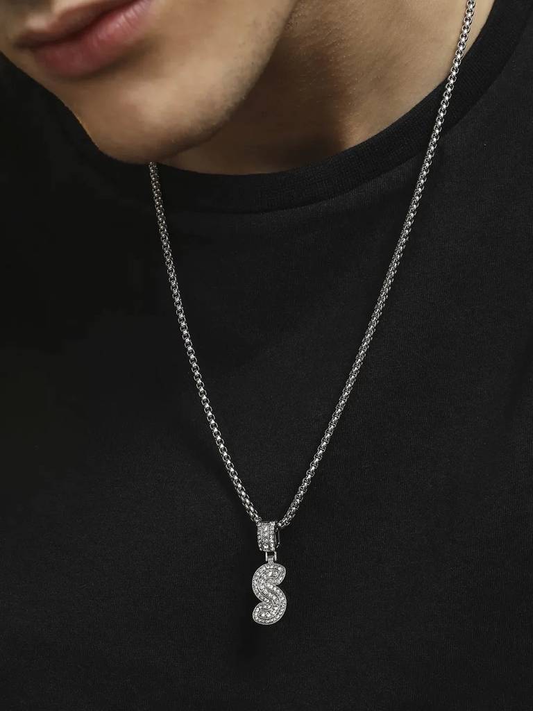 Men'S Embellished Alphabet Pendant Necklace - Silver : FANC1071-S