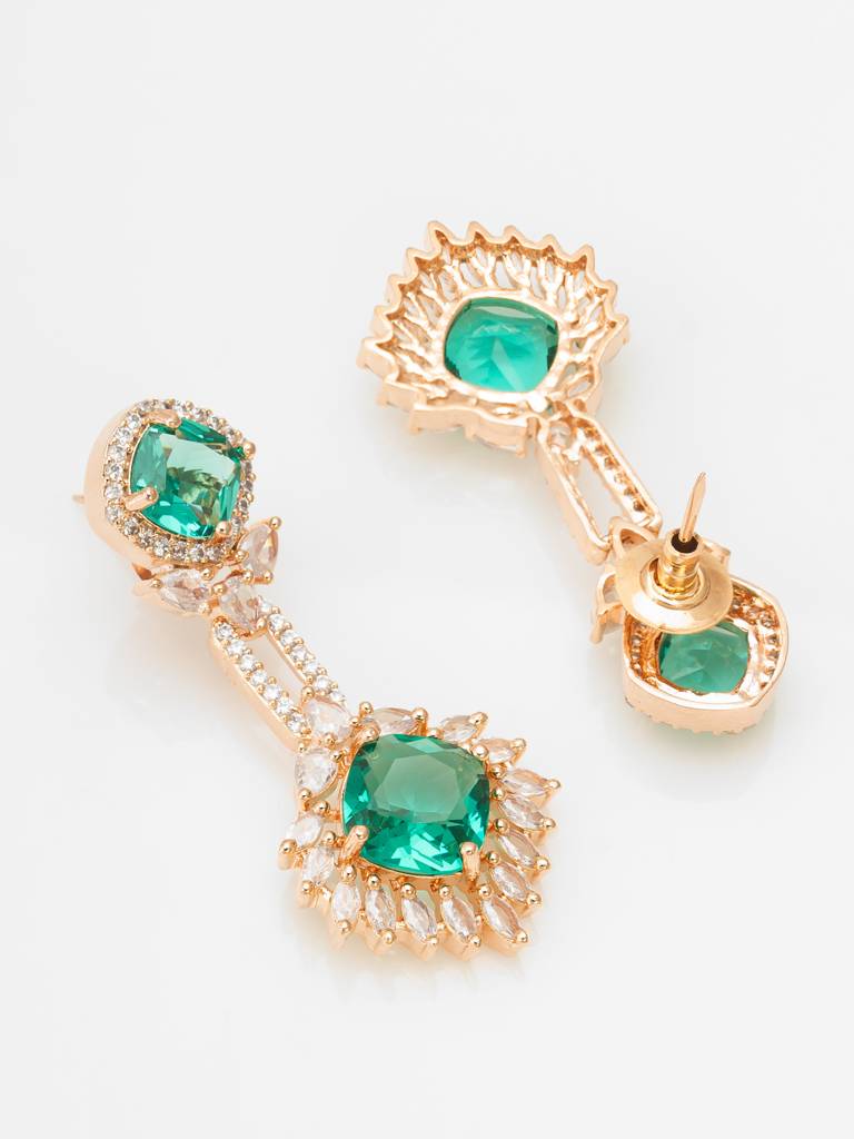 Party Wear Rose Gold Emerald Green Stone Y-Drop Necklace Set With Marquise Drop Earrings : NK4216