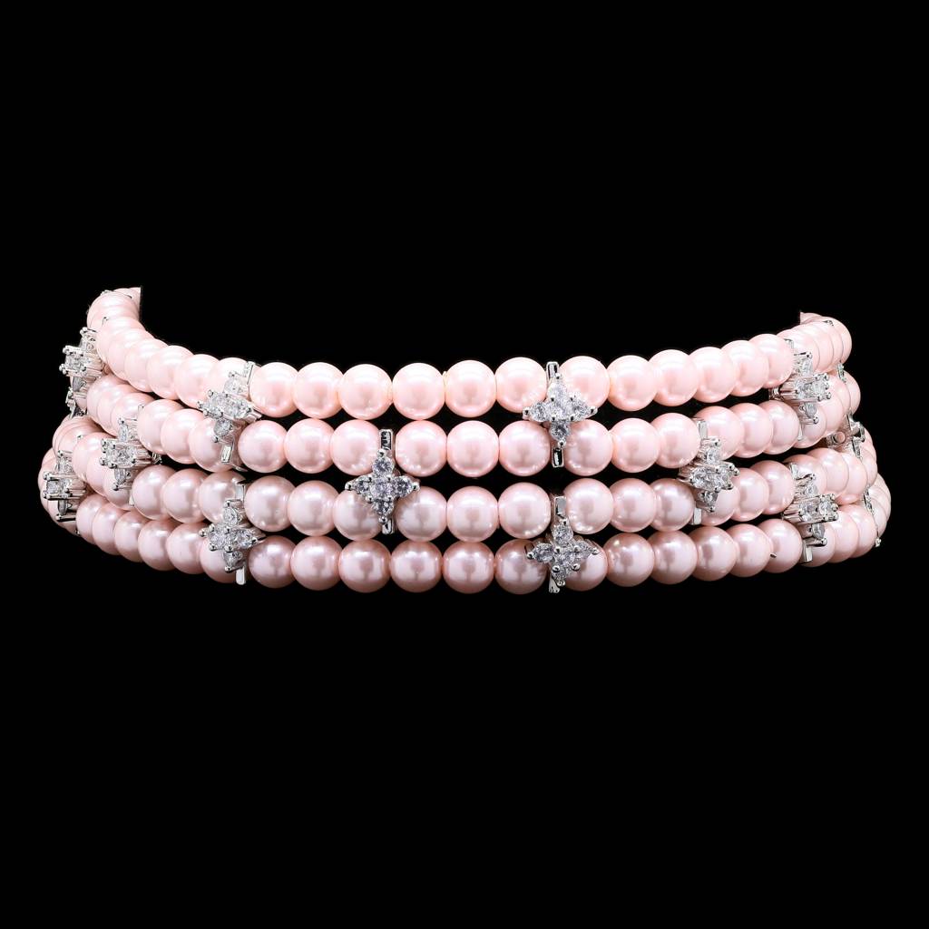 Anti Tarnish Pink Pearl Layered Choker Necklace Set With Earrings For Women | Pink Pearl Wedding, Party Wear & Fest : 500055_2