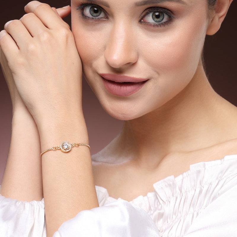 Premium Gold Plated Cz Round Motif Bracelet – Elegant Lightweight Jewelry For Weddings & Celebrations : AD-130-IGBR