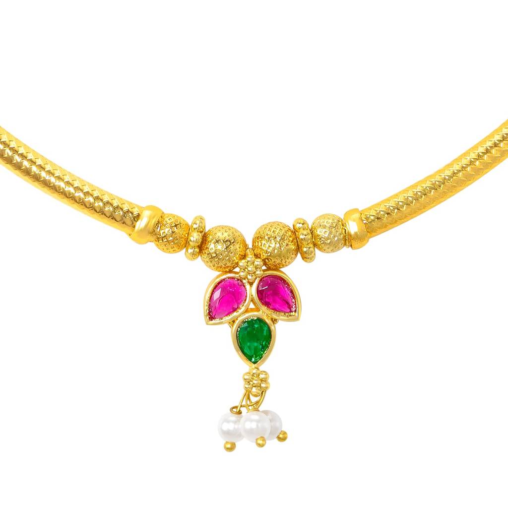 Gold Plated Ethnic Pink & Green Crystal Studded Necklace For Women | Festive Bridal Jewellery, Anniversary Birthd : PF04N24RPG