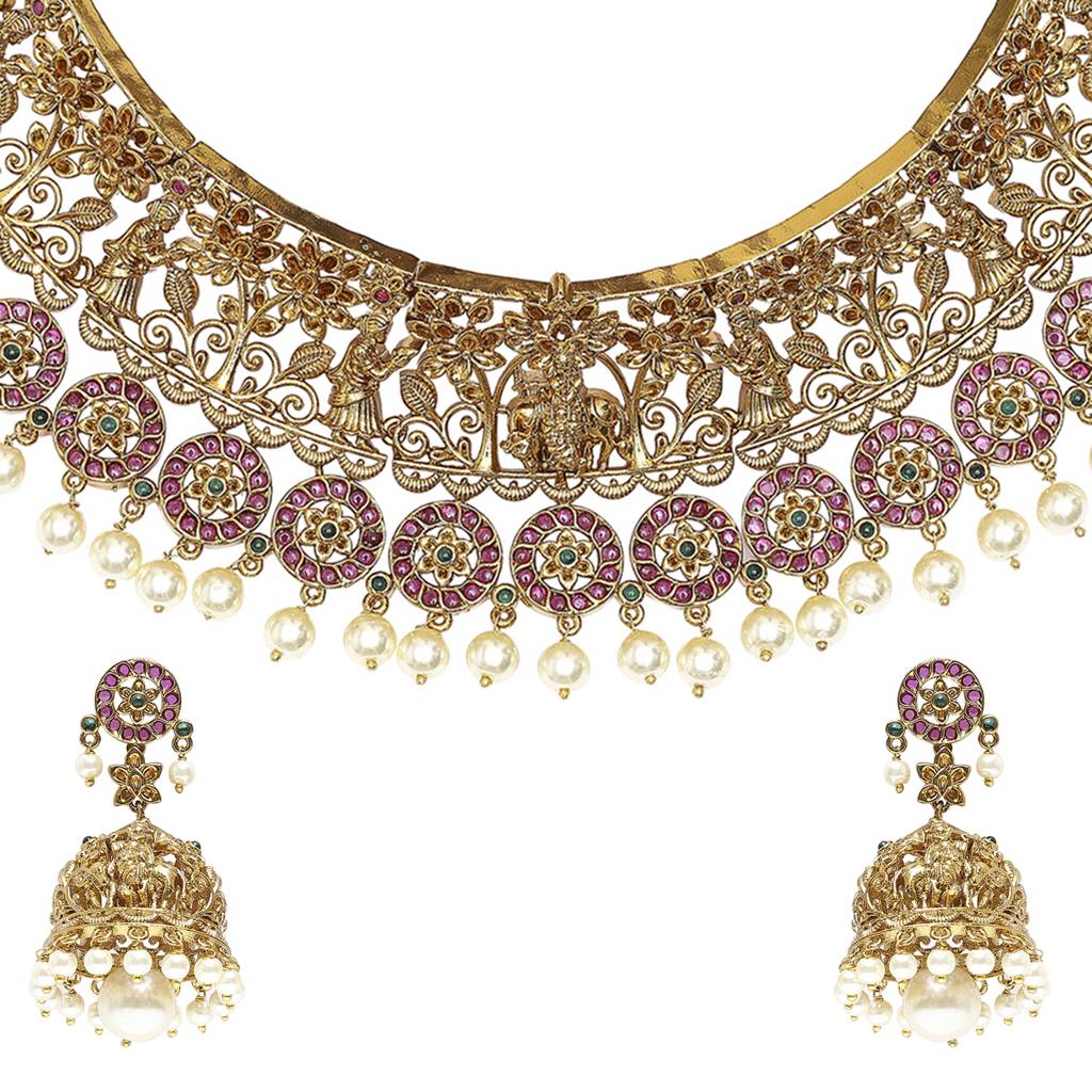 Temple Inspired Faux Pearls And Cz Gems Brass Gold Plated Jewellery Set : 8905124465433