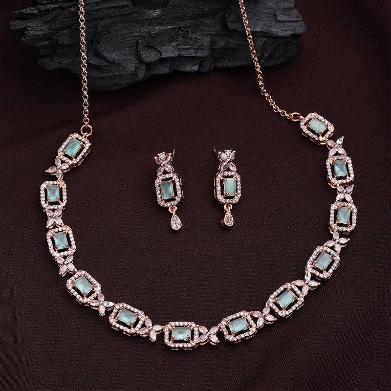 Exclusive Designer Rose Gold Plated Mint Green American Diamond Necklace Set – Lightweight Luxury Jewelry Fo : AD-837-RGMGNKER