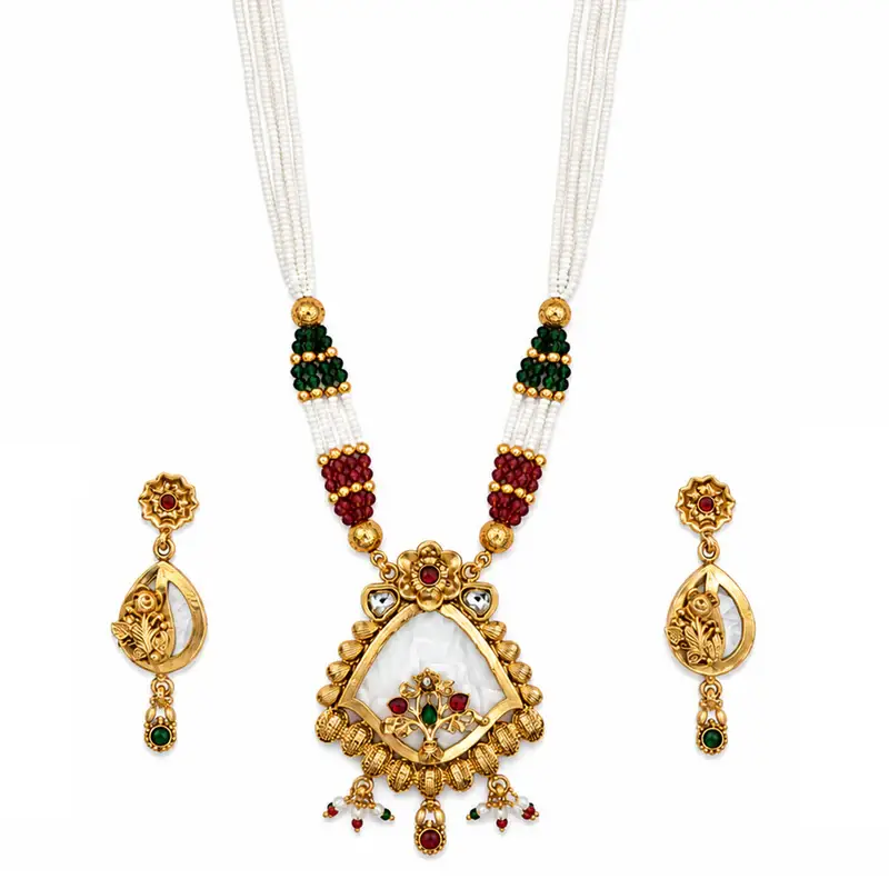 Elegant Matte Finish Temple Necklace Set | Multicolor Beads | Crescent Pendant : OSLFJ-015-IGMC-NKER