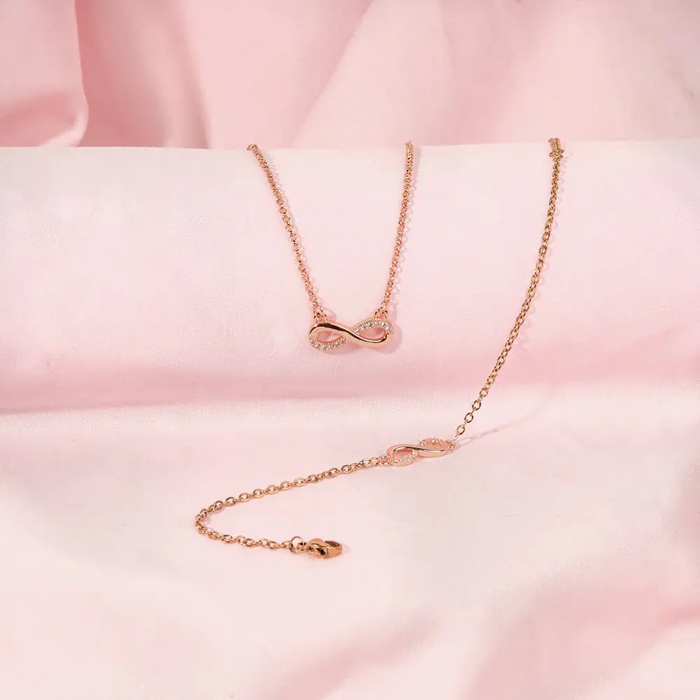 Infinity Mother'S Love Golden Crystal Necklace And Bracelet : NBC-257-G-WHT-2
