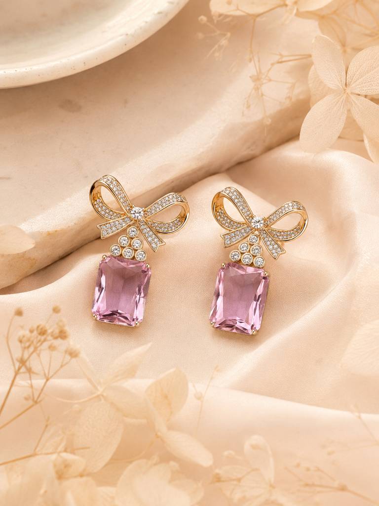 Pink Bow Gemstone Drop Earrings – Aanura : AN-LJ-PI-0048-DE