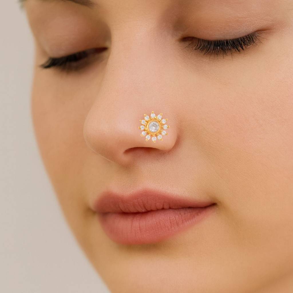 White Cz Sunburst Design Nose Pin - Sterling Silver Gold Plated : NP-00127_SW277_925S_YG