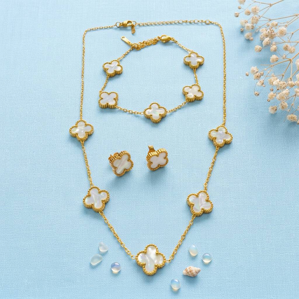 Gold Plated Clover Charm Necklace & Stud Earrings Set : STNEC-1299-A8134