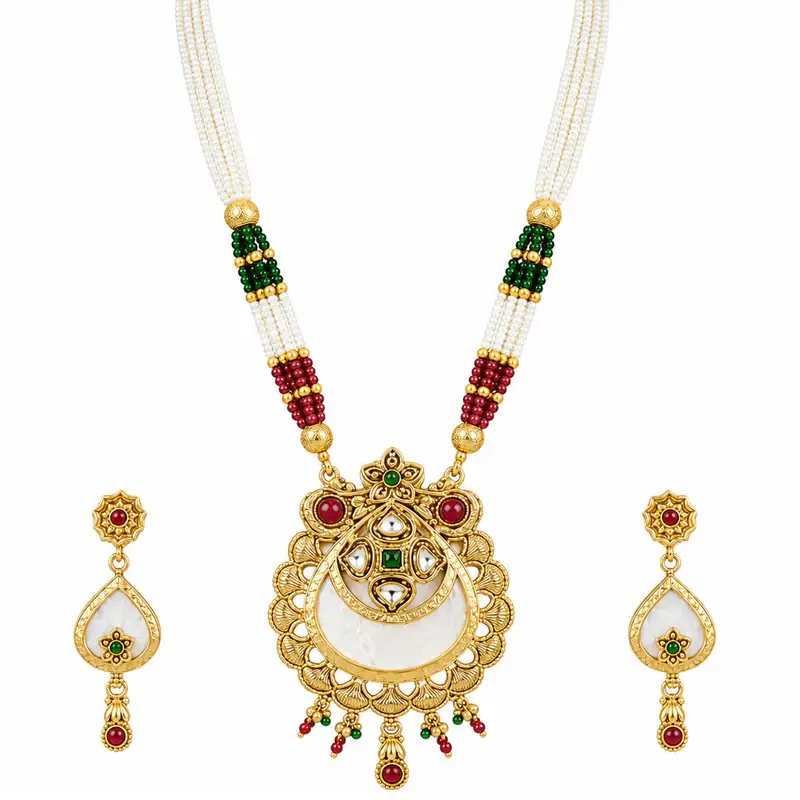 Matte Gold Temple Pendant Necklace Set | Ruby Green White Beads | Crescent Design : OSLFJ-012-IGMC-NKER