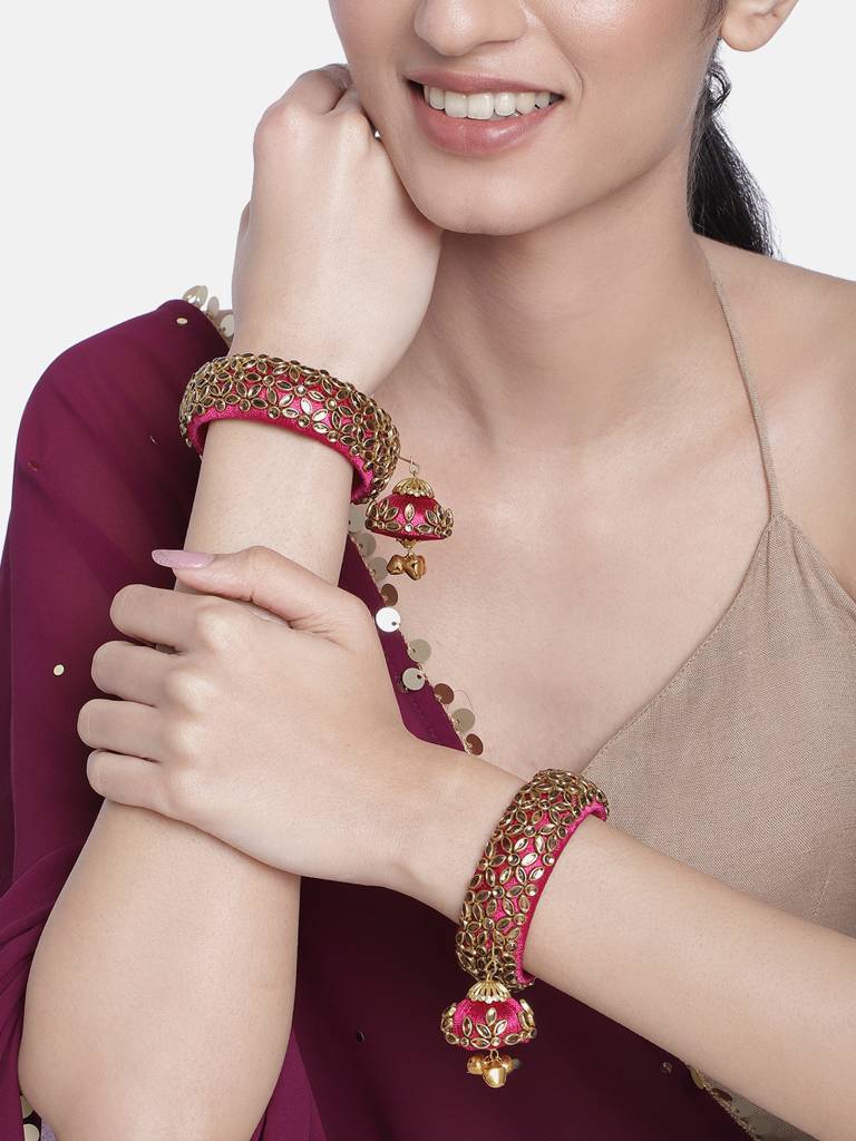 Peora Silk Thread Crystal Design With Dangling Jhumki Chuda Chura Bangle Set For Women : PF51B72RP