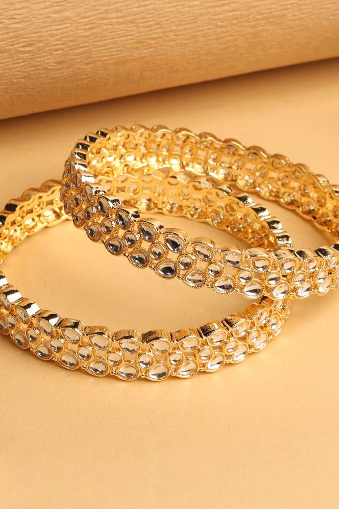 Traditional Oval Shape White Kundan Stone Gold Plated Set Of 2 Bangle Set For Women And Girls : 6BG339_Gold_210