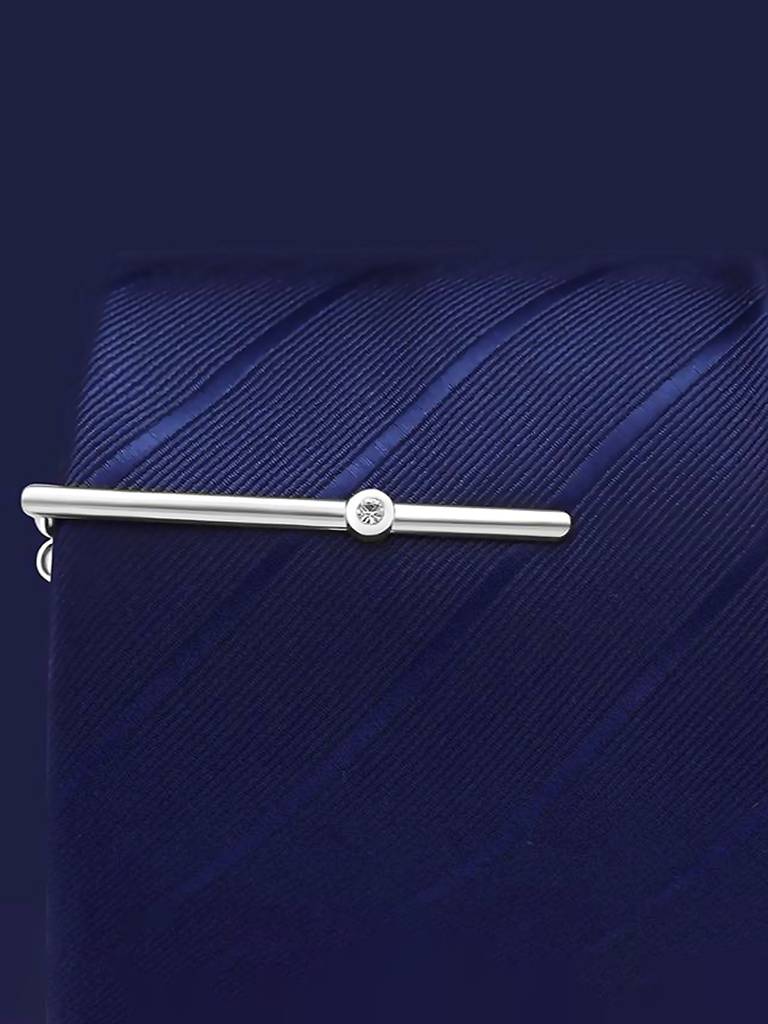 Peora Silver Plated Cubic Zirconia Studded Classic Tie Pin For Men Business Formal Accessories For Him : PX9T21