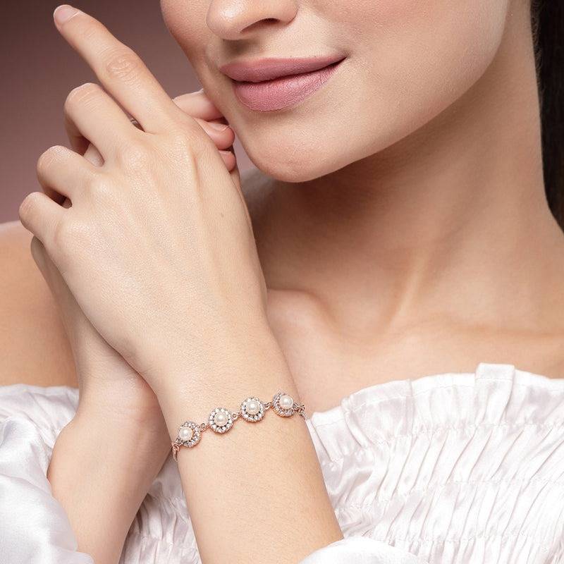 Elegant Designer Cz Crystal & Pearl Chain Bracelet – Daily & Party Look : AD-132-RGBR
