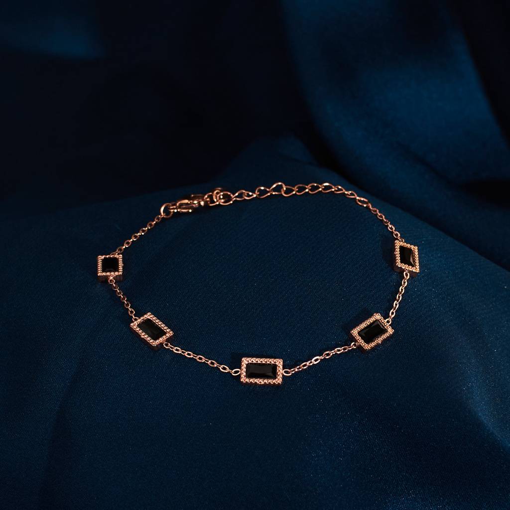Black Gemstone Link Rosegold Bracelet : BS14011-RG-BLK