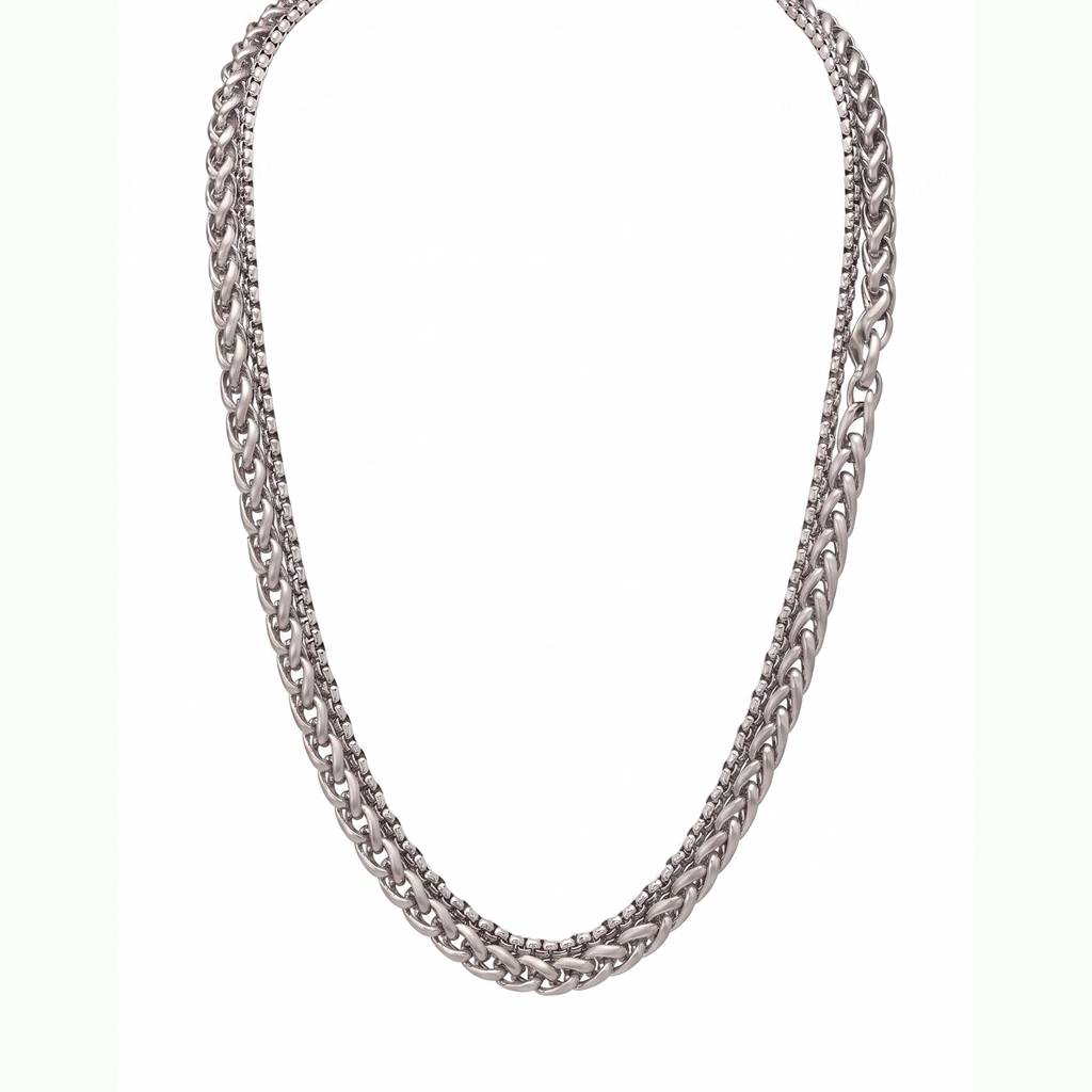 Fancy 2 Layer Braided Curb Chain For Men & Boys Silver Plated Stainless Steel Casual Stylish Design Jewellery Birt : PX9CH120S