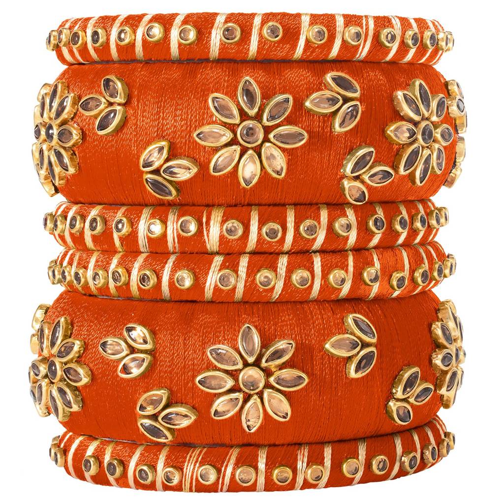 Peora Silk Thread Matching Golden Floral Decorative Chuda Chura Bangle Set For Women : PF51B69ORN