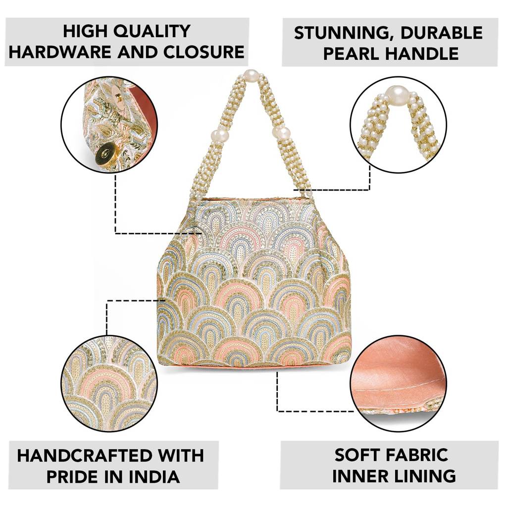 Sequins Motifs Potli Bag For Women Handmade Wristlet Handbag Stylish Bridal Purse Fashion Bag For Girls : P206PCH-L
