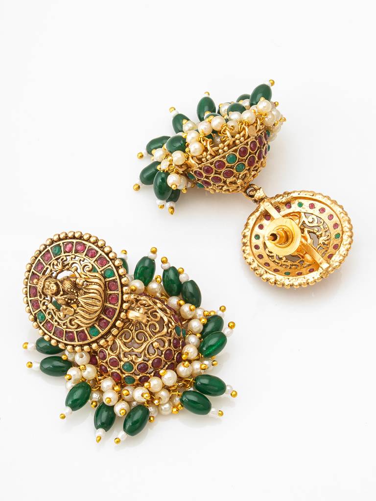 Traditional Antique Gold Temple Lakshmi Long Haram Necklace Set With Peacock Coin Chain, Green Beads And Jhumki Earri : NK4208
