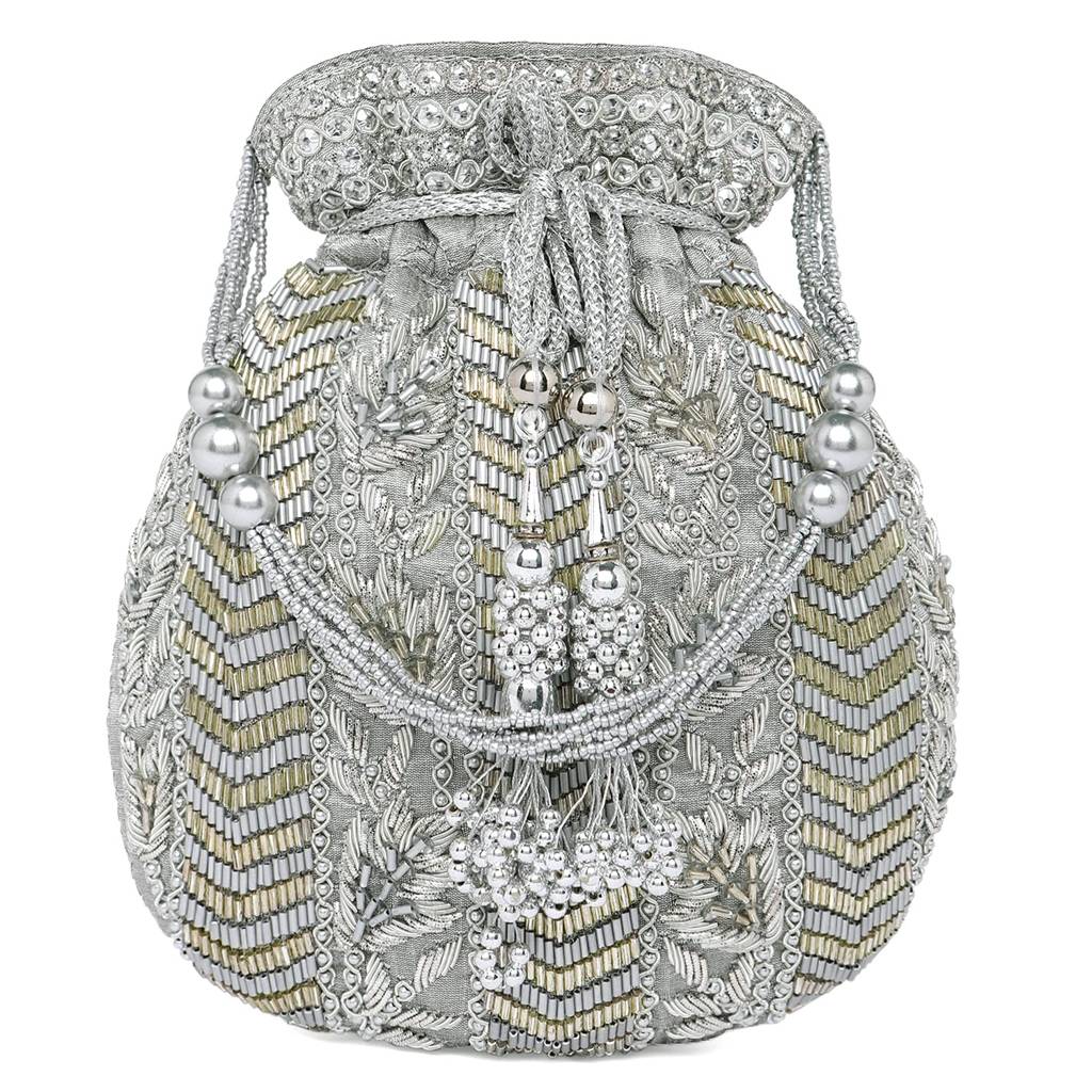 Potli Bag For Women Handmade Evening Wristlet Handbag Stylish Bridal Purse Fashion Bag For Girls (P128Crm) : P128GRY