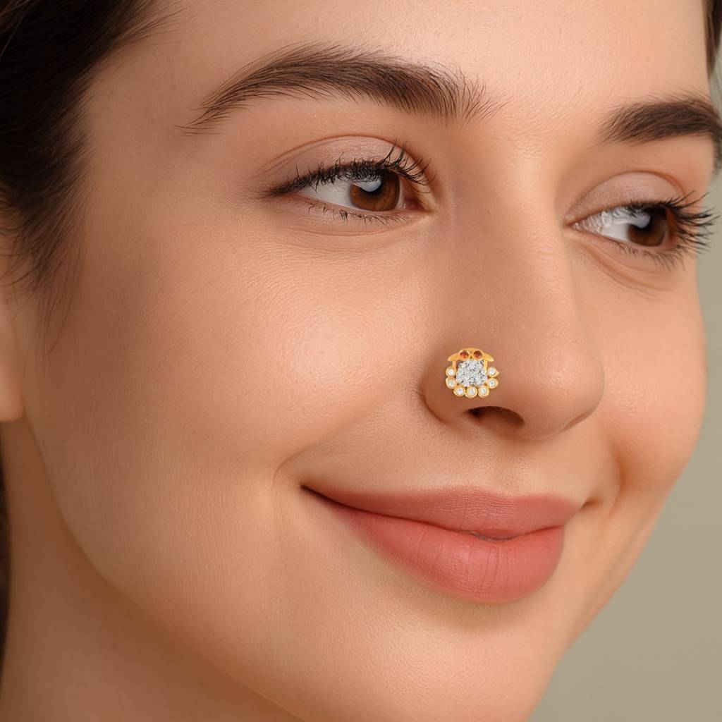 White Cz & Granet Gemstone Eyes Crab Nose Pin - Sterling Silver Gold Plated : NP-00019_925S_YG_GN