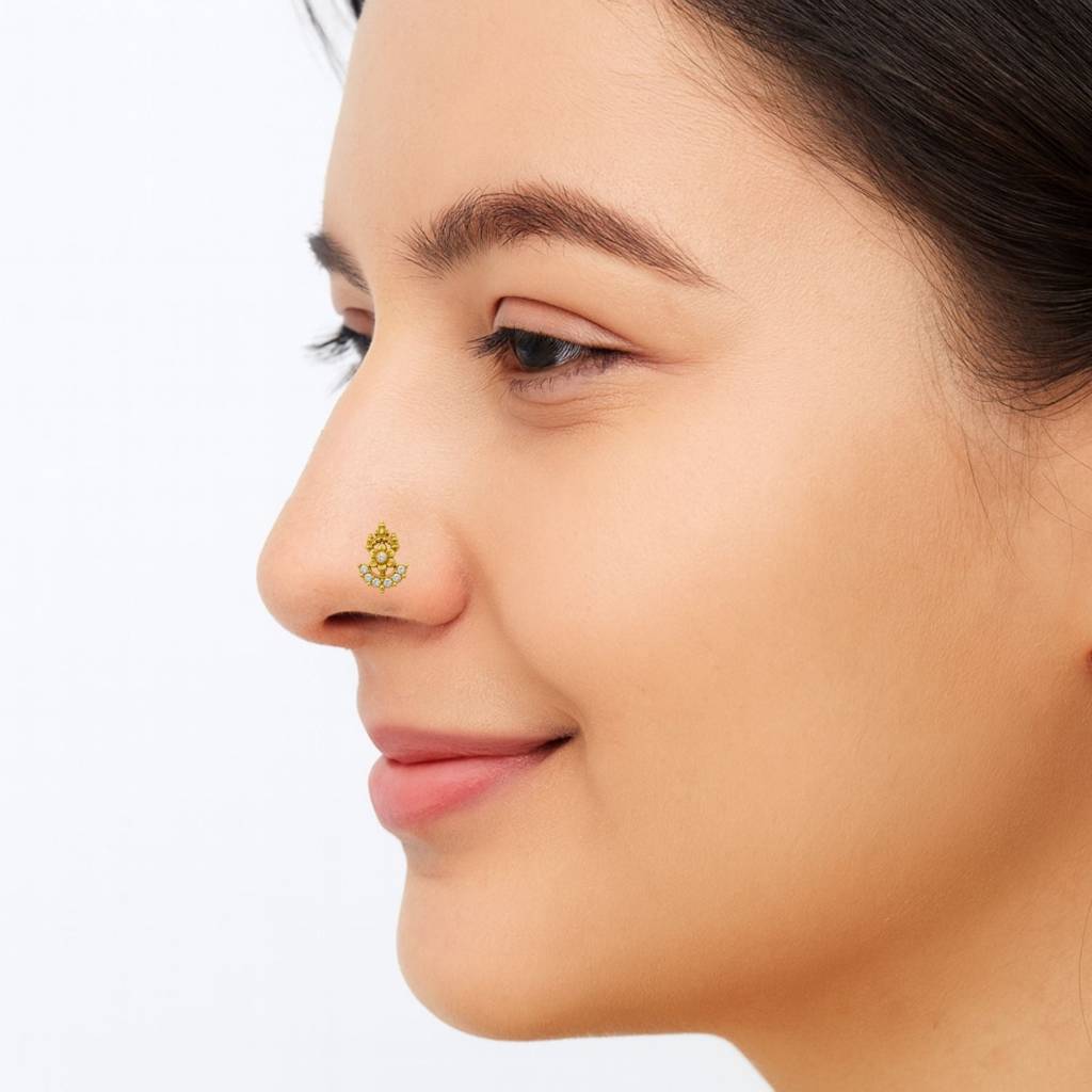 White Cz Temple-Inspired Floral  Nose Pin 925 Sterling Silver Gold Plated : NP-0024-N-1-snp-0011