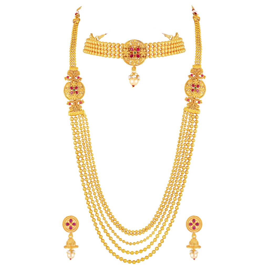 Peora Gold Plated Faux Ruby & Beads Studded Short & Long Necklace Earrings Bridal Set Ethnic Jewellery For Women  : PF04BR04RG