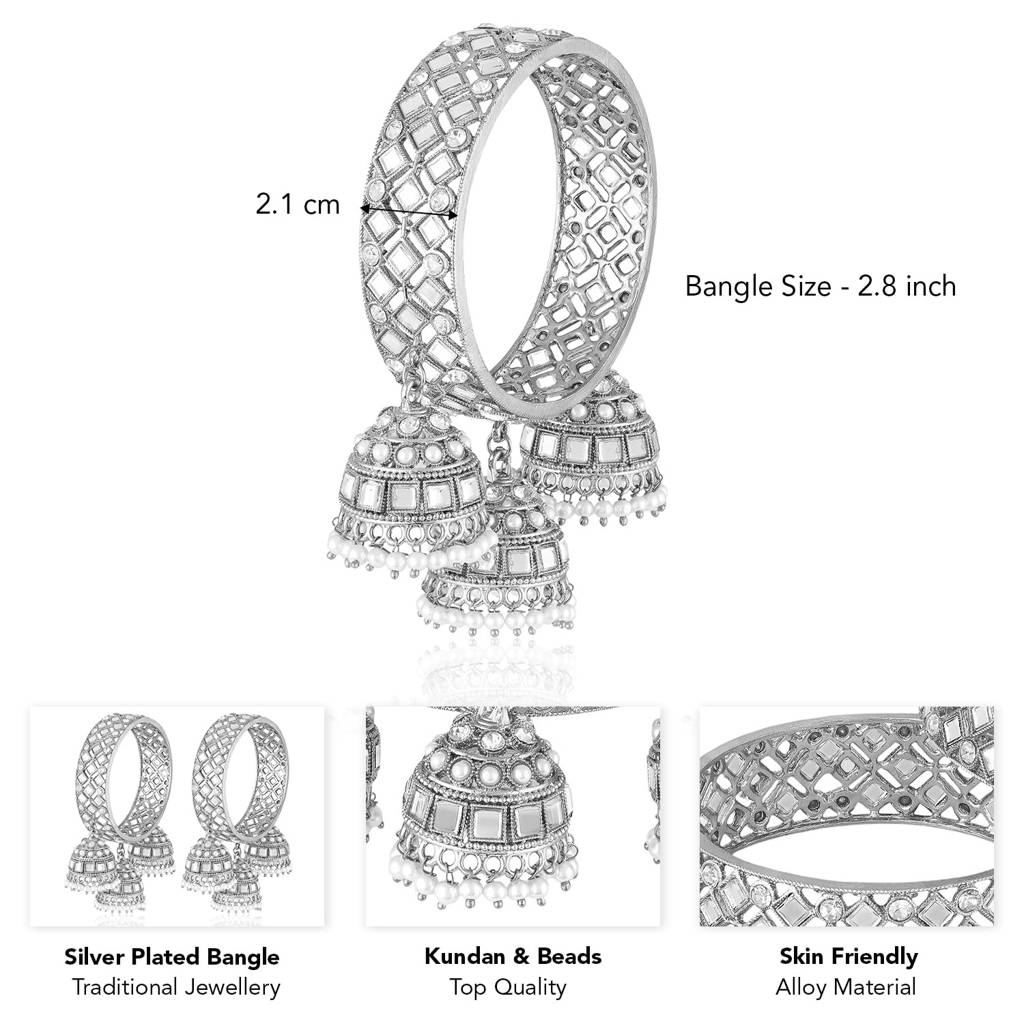 Silver Plated Crystals & Beads Studded Ethnic Latkan Bangles Jewellery For Women (Size - 2.8 Inch) : PF106B04S-S2-8