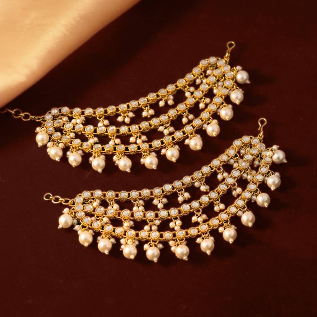 Peora Gold Plated White Kundan Studded Earrings Chain Ethnic Stylish Fashion Hair Accessories Jewellery Gift For  : PF09EC003W