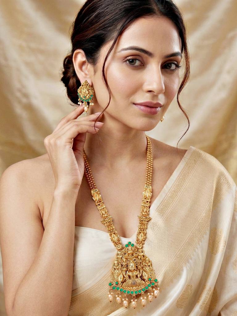 Gold-Plated Temple Jewellery Laxmi Idol Green Color Necklace Set With Earrings For Women | Traditional South  : 660-G2SR-196-G