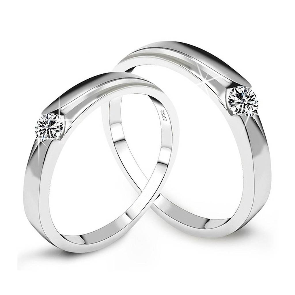 Silver Plated Classic Solitaire Couple Rings For Lovers Promise Engagement Wedding Band Jewellery Gift For Men Women : PFCCR08