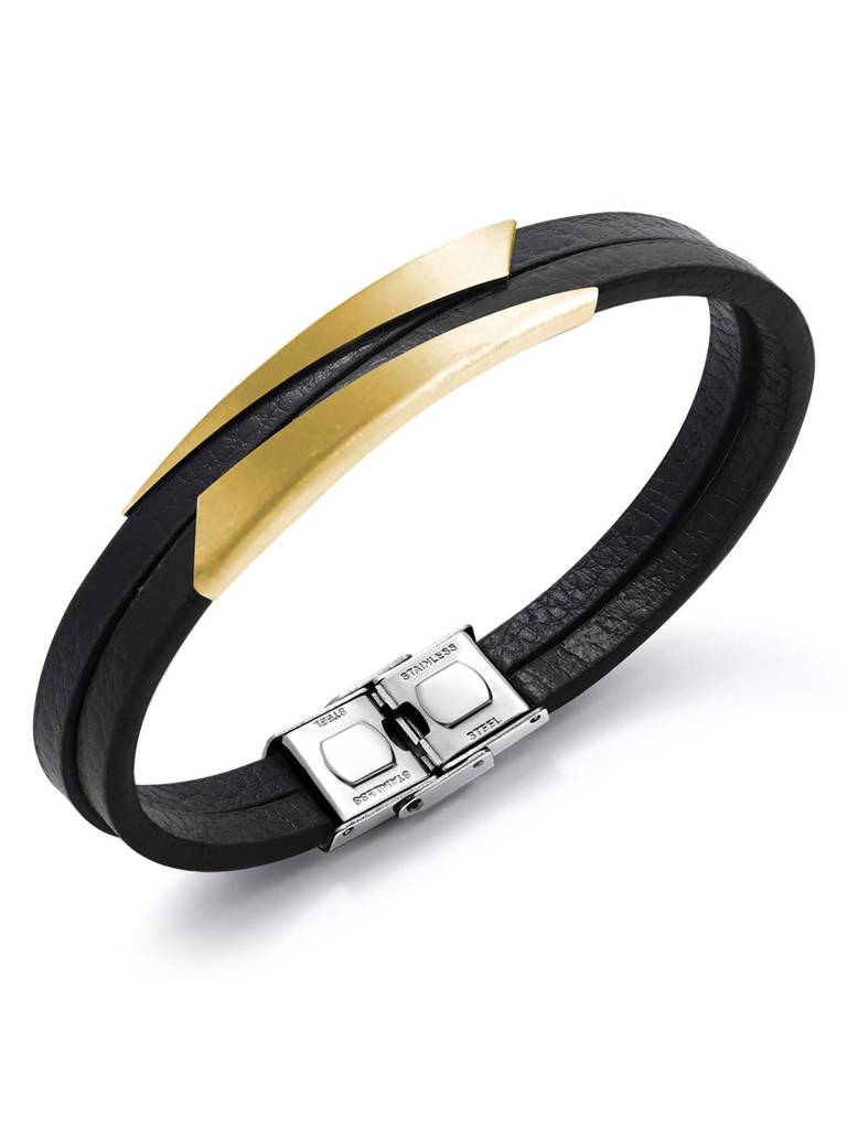 Black Synthetic Leather With Gold Plated Metal Bracelet Stylish Design Fashion Casual Jewellery Gift For Men & Boys : PX9LB34G