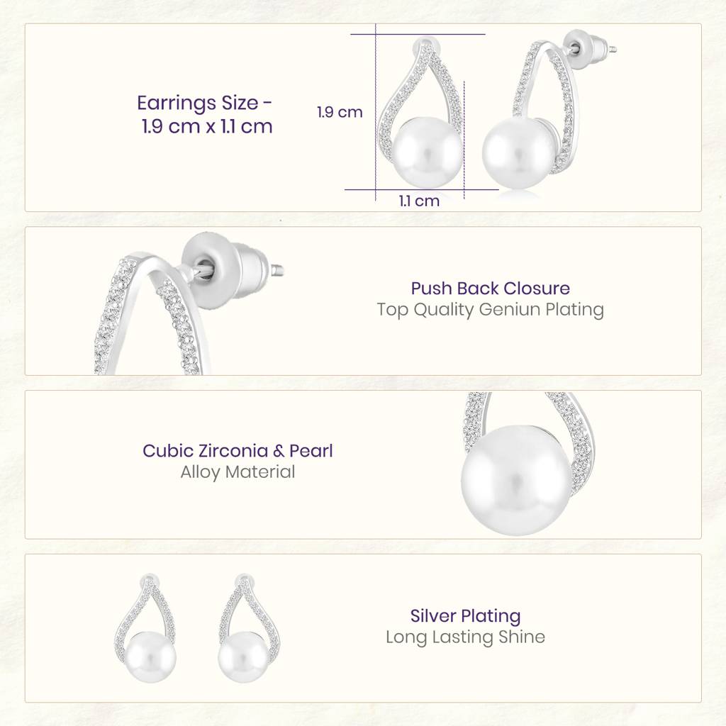 White Fancy Stud Earrings For Women & Girls | Silver Plated | Cubic Zirconia & Pearl Studded | Stylish Contemporar : PX9E3040W