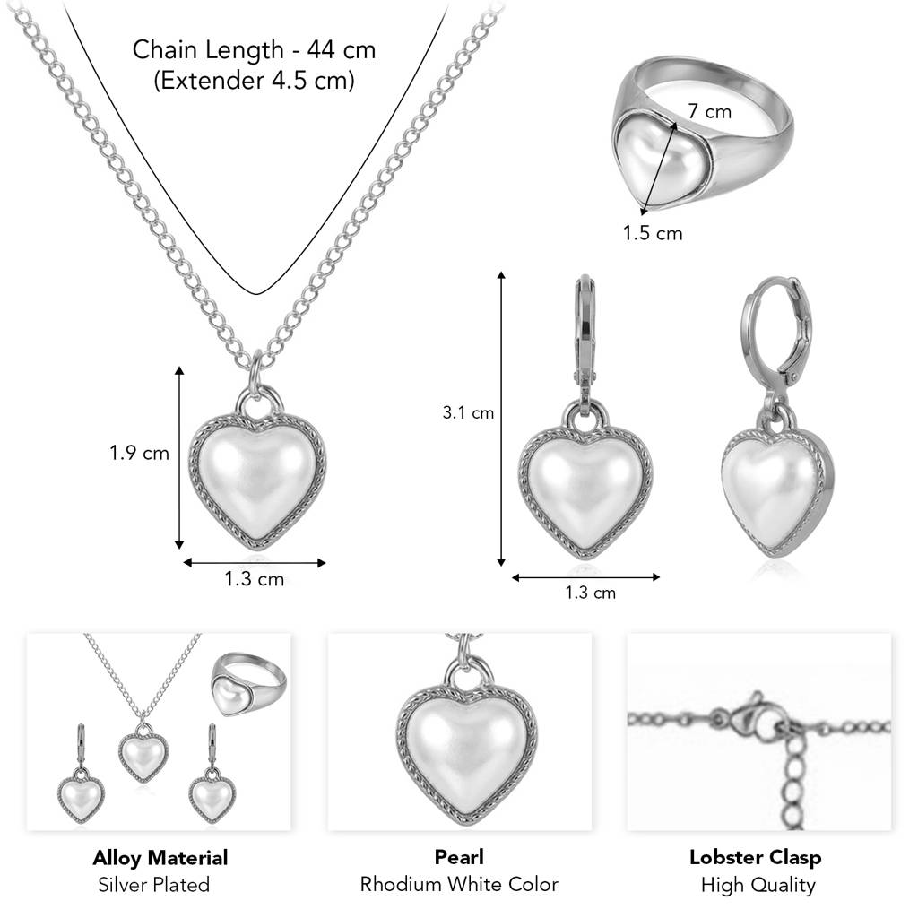 Pearl Studded Heart Shape Pendant Chain Earrings Ring Set Fashion Jewellery For Women & Girls : PX9PS60RW