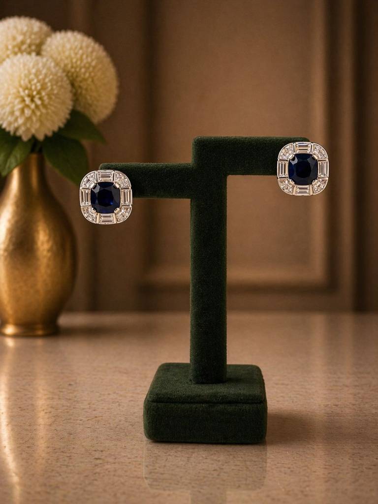 Premium Deep Blue Cushion Cut Statement Party Stud Earrings For Women : 100027