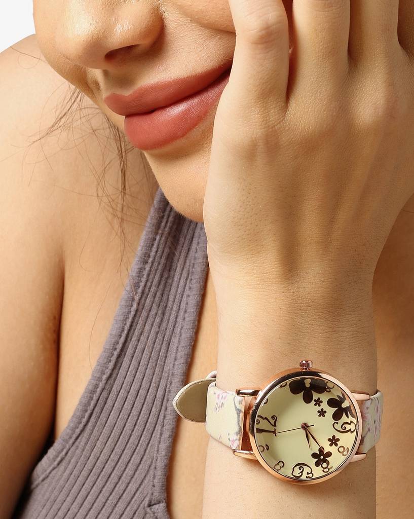 Beige & Champagne Gold Decorative Analog Round Dial With Floral Printed Leather Strap : HSWC1023