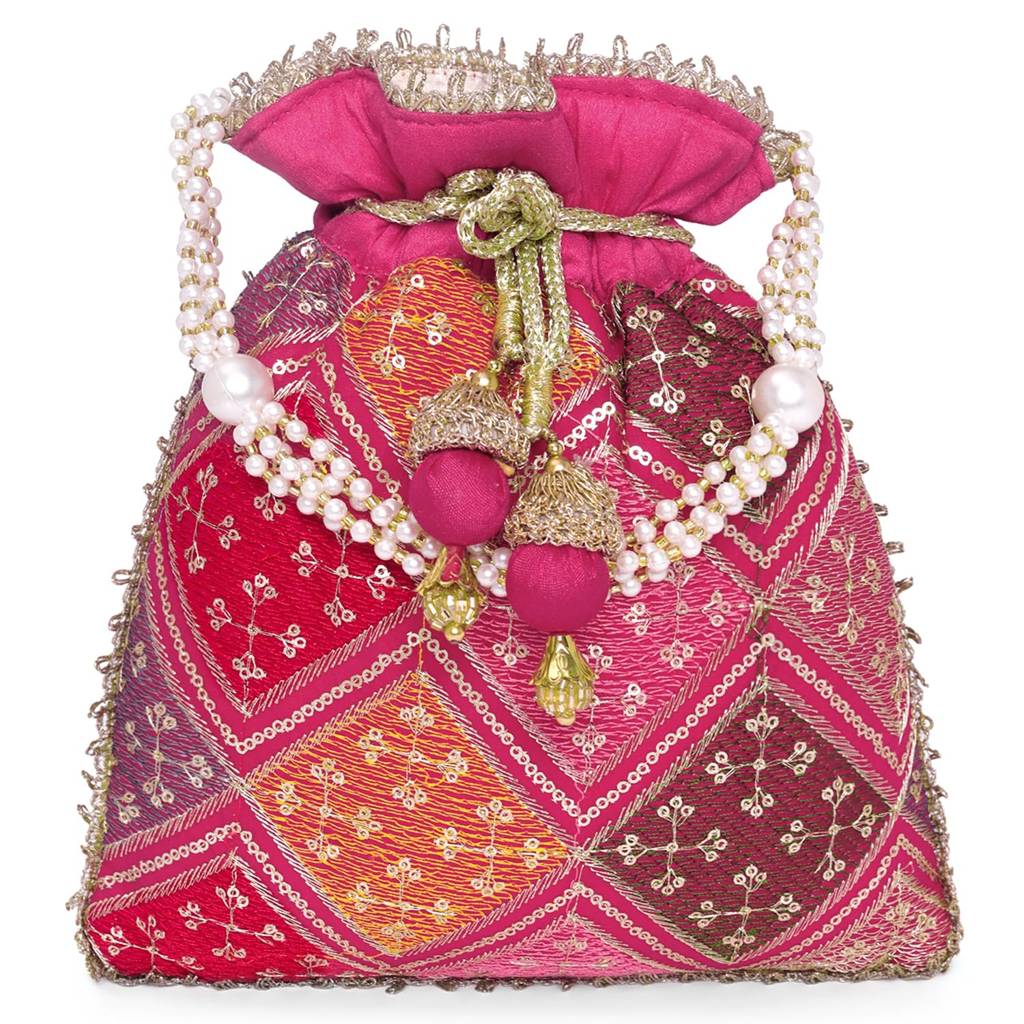 Zari Sequence Potli Bag For Women Stylish Handmade Wristlet Handbag Bridal Purse : P26RP-F