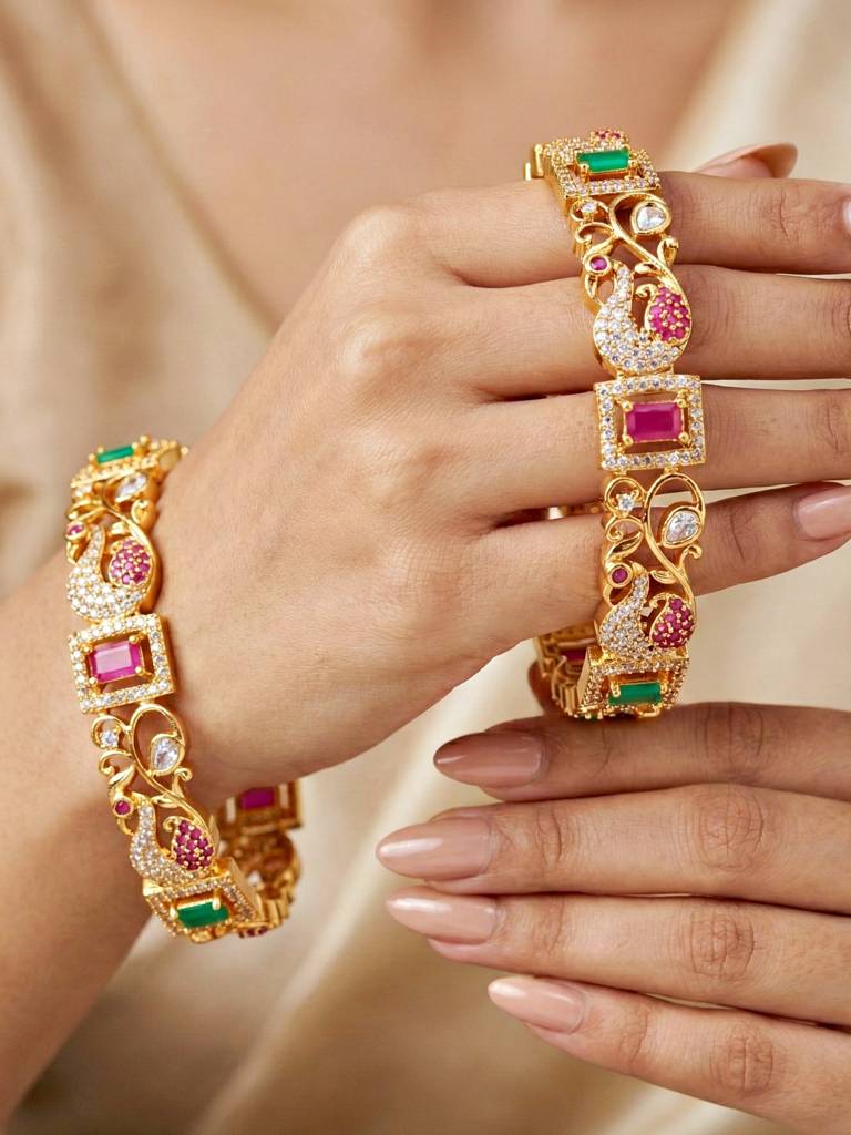 Gold Plated Peacock Design Ad Stone Bangle For Women With Pink & Green Stones | Designer Wedding Festive : 1817-C1BG-2227-2-24