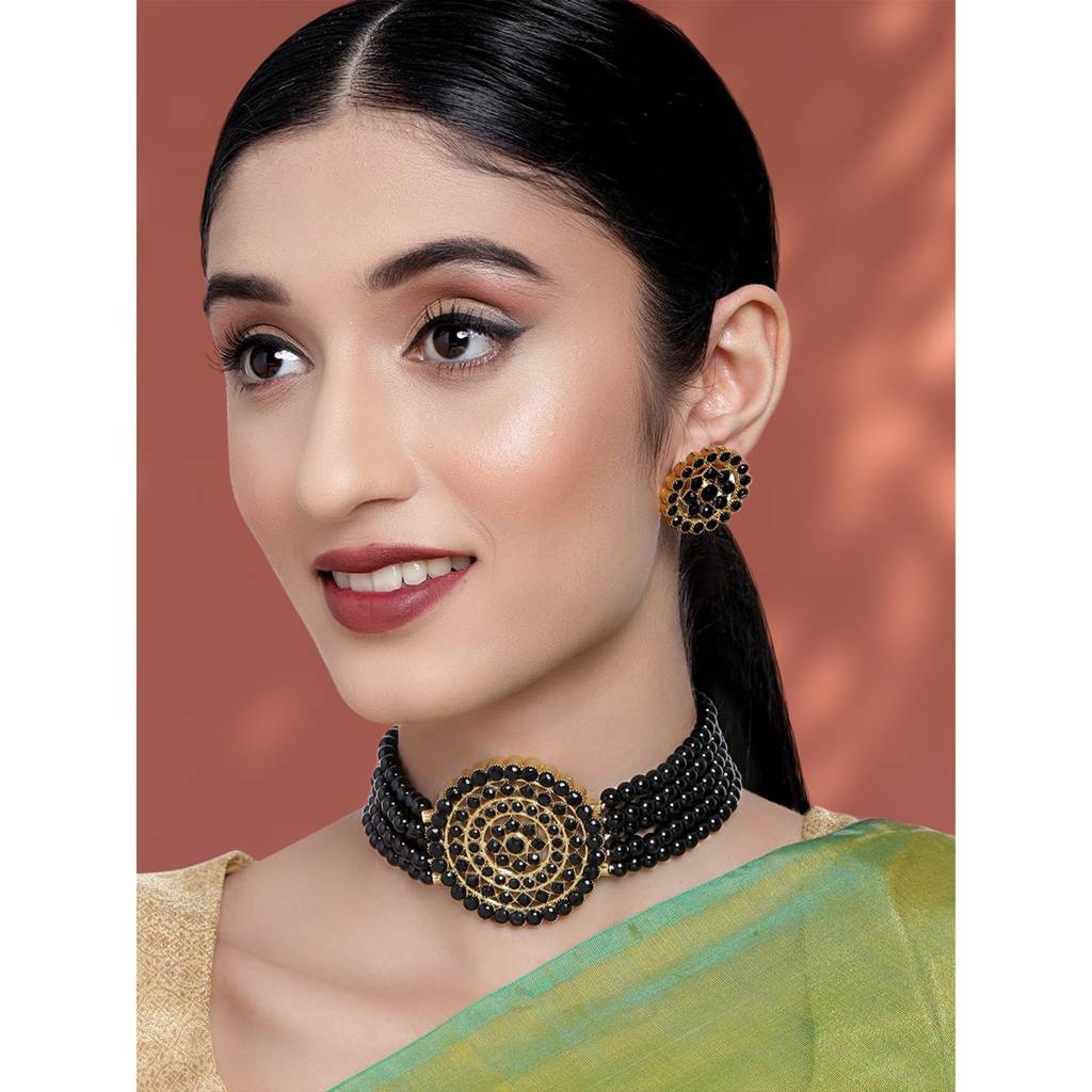Gold Plated  Kundan Choker Necklace With Round Earrings Traditional Jewellery Set For Womens : PF26N1374BL-1