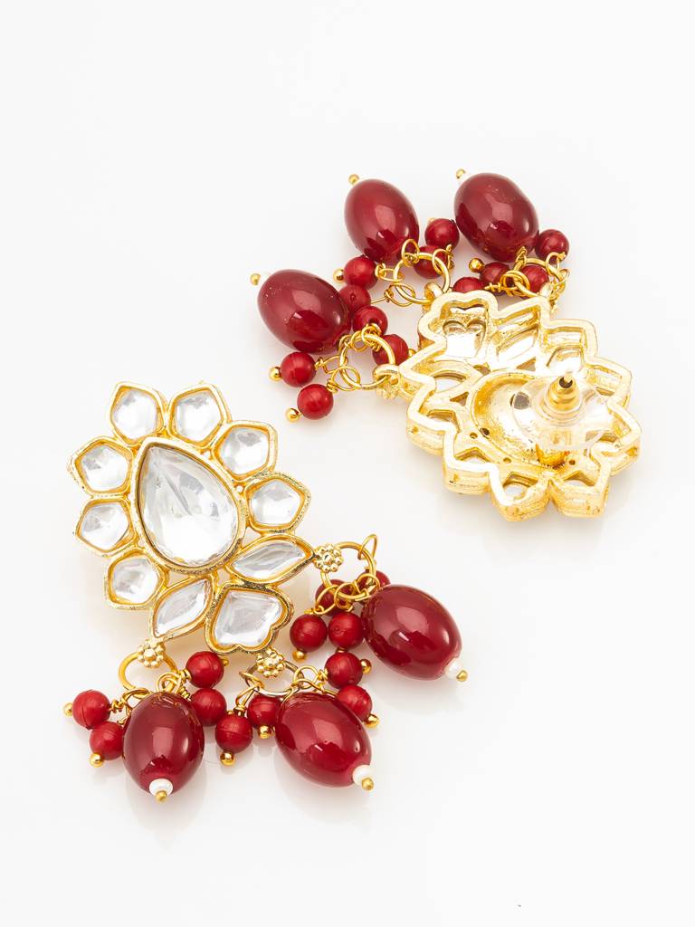 Red Kundan Meenakari Long Necklace Set With Cream Pearl Beads And Ruby Drop Earrings For Wedding Special : NK4094