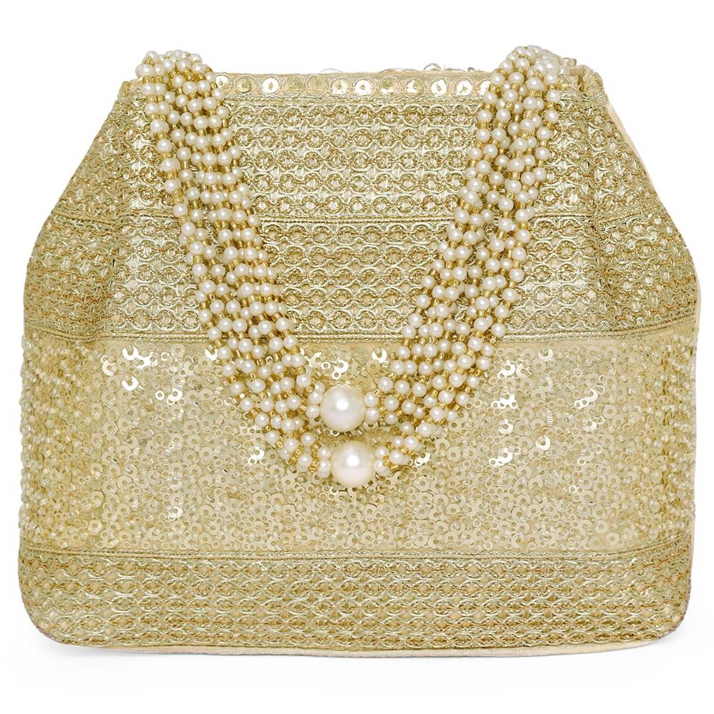 Golden Potli Zari Sequence  Purse For Women Handmade Handbag Wristlet Bridal Bag : P95G-F-1