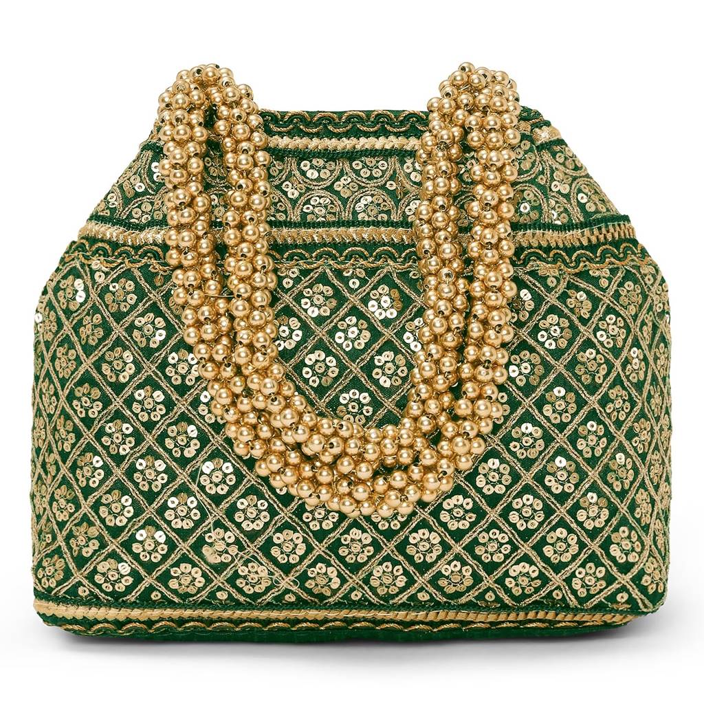 Green Patterned Potli Bag Ethnic Wristlet Purse For Women & Girls : P121GRN
