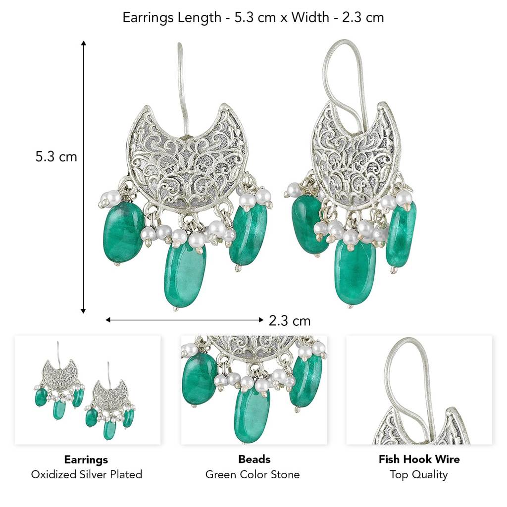 Oxidized Silver Plated Green Beads Studded Ethnic Dangle Earrings Fashion Jewellery For Women & Girls : PF55E212GRN