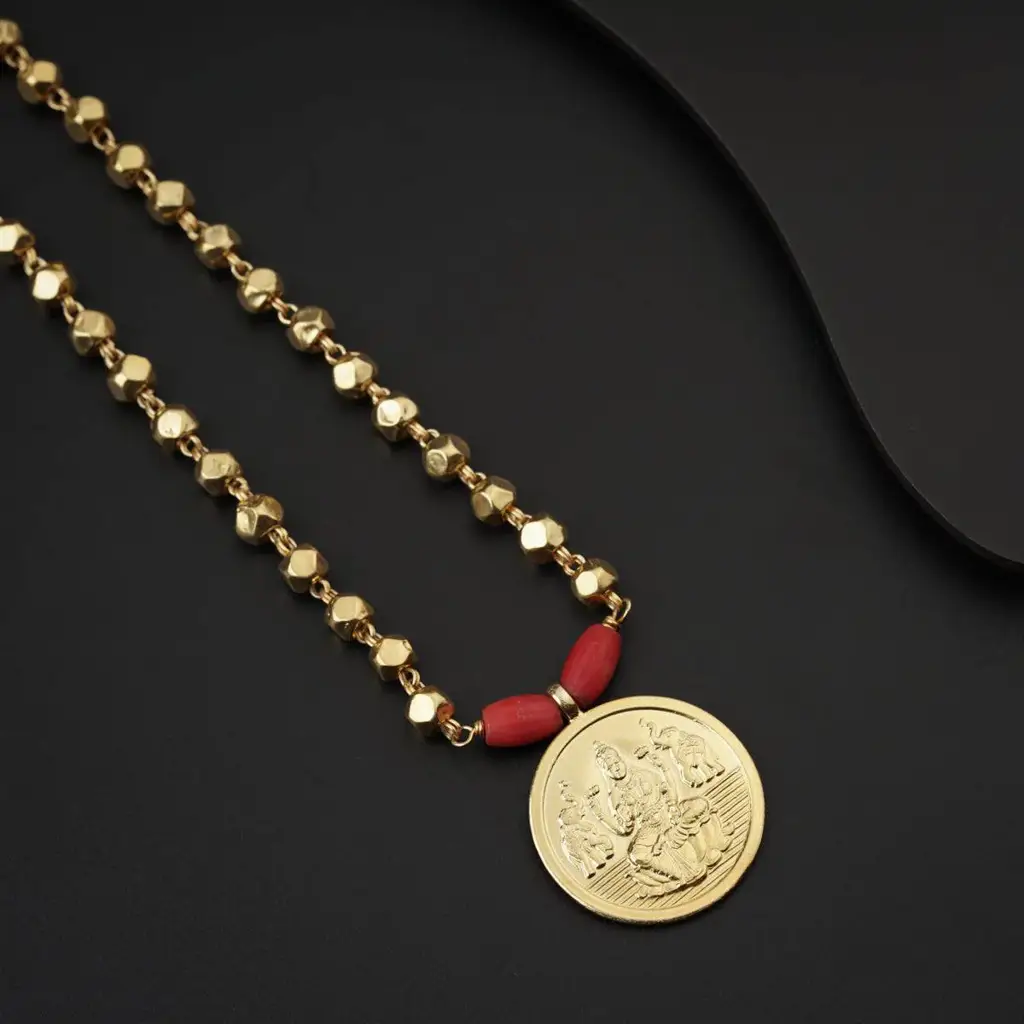 Silver Coin Necklace With Silver Beads (Gold Plated) - Ashtapailu ( Multifaceted ) Beads : 28783511